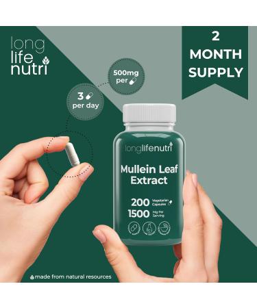 LongLifeNutri Mullein Leaf 1500mg 10:1 Extract - 200 Vegetarian Capsules from Organic Mullein Leaf Powder Herbal Supplement for Respiratory Care 2-Month Supply Non-GMO GMP Certified Made in USA - Buy Online on GoSupps.com