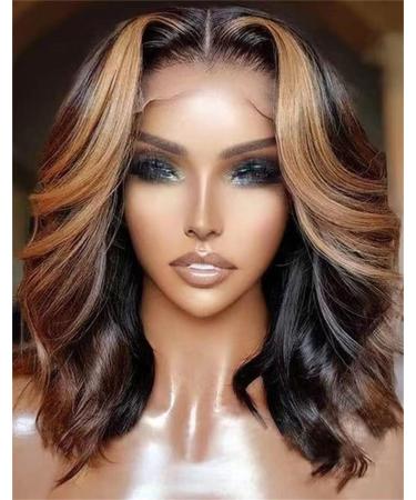 Short Women's Ombre Wigs Synthetic Lace Front Medium Wavy Brown/Blonde Highlights Color 30#/27# Natural hairline 180% Density Balayage Hair Blonde Wig(16inch) Brown Highlights Blonde Wave 16"-13×3.5 inch lace