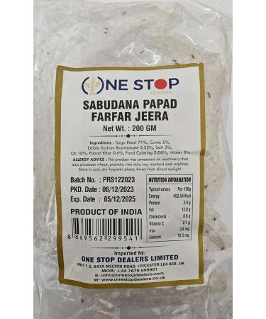 One Stop Dealer Sabudana Papad (200 Gram) - Crispy and Delicious Accompaniment to Any Meal Good for Fasting Or Upwaas (Pack of 1 Sabudana Papad Farfar Jeera)