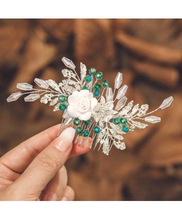 IYOU Women Wedding Hair Comb Silver Flower Headpiece Leaf Beads Hair Piece Guest Prom Hair Accessories for Bride and Bridesmaid