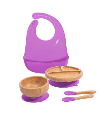 Love Earth - Bamboo Baby Weaning Set 5 Piece Baby Weaning Set Including Suction Plate Bowl Spoons and a Silicone Bib Eco-Friendly Weaning Set for Babies from 3 Months to 6 Years (Purple)