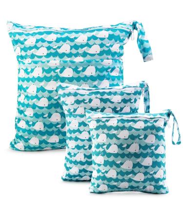 Ceekii wet dry dyel diaper pockets 3 Pack diaper bags naspocks washable travel pockets waterproof wet bag baby reusable beach pool gym BAG with zip pocket and push button handle blue