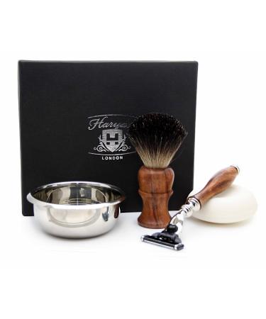 Haryali London razor set made of wood with 3 blades razor made of black roof hair brush and soap and bowl perfect set for men