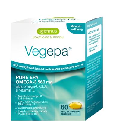 Igennus Vegepa Omega 3 Wild Fish Oil & Evening Primrose Oil Blend, 560 mg EPA Plus GLA, 60 Small Softgels Unflavored 60 Count (Pack of 1)