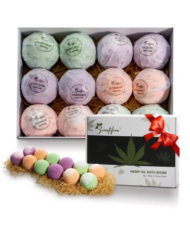 Beautifier Life Hemp Oil Bath Bombs Gift Set Natural Refreshing Bubble Bath Kit with 6 Relaxing Scents Made from Pure Essential Oil for Bubble and Spa Bath  Valentines Day Gifts (Set of 12) 12 Count (Pack of 1)