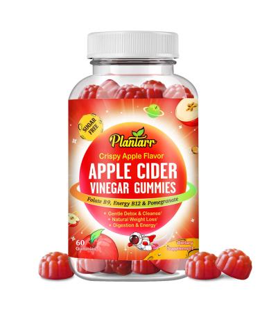 Apple Cider Vinegar Gummies by Plantarr, ACV Gummies with Folate, B12, Pomegranate, Organic, Raw, Unfiltered with Mother, for Healthy Weight, Low Calorie, No Sugar, Crispy Apple Flavor, 60 Gummies