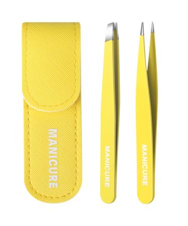 Professional Stainless Steel Precision Tweezers Slant +Fine Point Tweezers for Women and Men Splinter Ticks Facial Brow and Ingrown Hair Removal Sharp Needle Nose (Yellow)