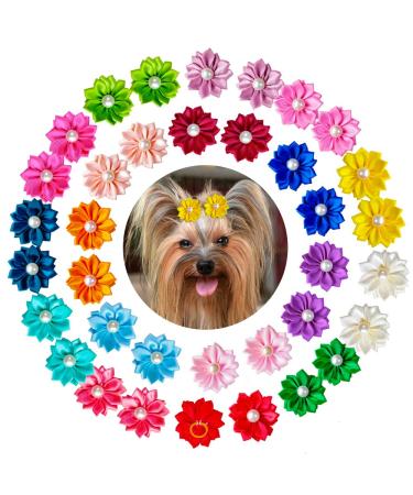 Mruq pet 80pcs Dog Flower Bows, Bulk Pet Dog Hair Bows with Rubber Bands, Mix Handmade Tiny Dog Grooming Pearl Bows 1.57'', Small Dog Bows for Puppy Yorkie Dog Cat Rabbit Girl Hair Accessories