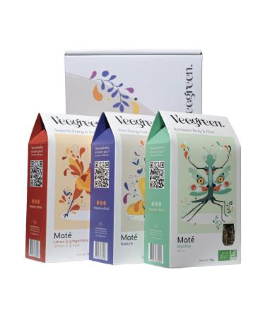Veegreen coffret Mate Bio 3 saveurs : Nature - citron gingembre - menthe | 3x100gr | Set Mat Id e Cadeau Infusion nergisantes bio labor e en france