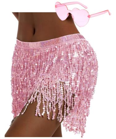 Sequin Skirt Fringe Skirt Belly Dance Hip Skirt Rave Party Costume Sparkle Skirt with Heart Sunglasses for Women and Girls Pink