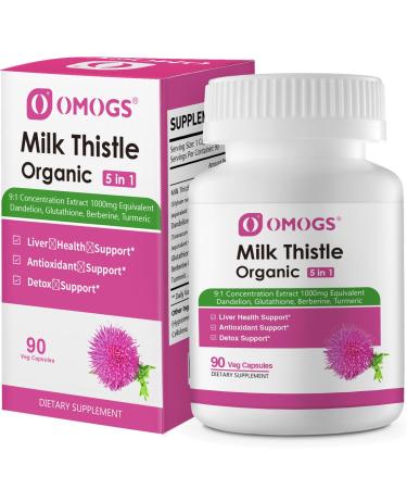 OMOGS Organic Milk Thistle Herbal Liver Support Milk Thistle Supplement with Dandelion Root Glutathione Berberine HCL &Turmeric Support Liver Cleanse Detox & Repair 90 Capsules
