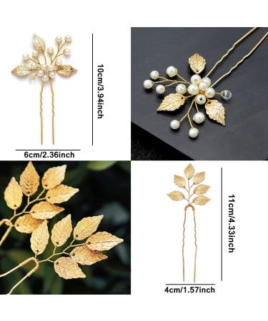 Gold Leaf Crystal Pearl Wedding Hair Pins - Set of 6 Vintage Bridal Accessories with Rhinestone for Brides, Bridesmaids, Flower Girls - Buy Online on GoSupps.com