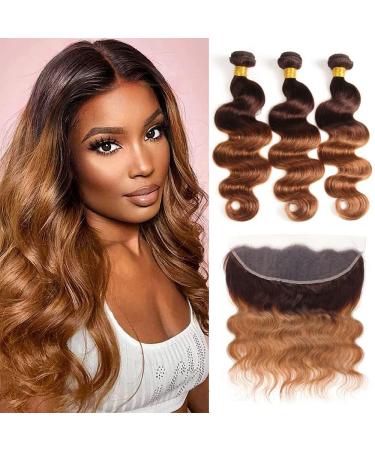 2 Tone Ombre Body Wave Hair 3 Bundles with Frontal 13x4 Ear to Ear Lace Frontal 100% Unprocessed Brazilian Remy Virgin Human Hair Extensions T4/30 Medium Brown/Medium Auburn(14 16 18+12) 14 16 18+12'' Frontal T4/30 Body Wa…