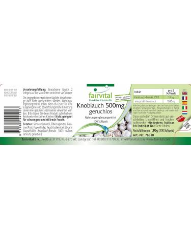 Fairvital Garlic Capsules 500mg | Odorless Allicin 100:1 Extract | High Dose & 100 Softgels - Shop Internationally! - Buy Online on GoSupps.com