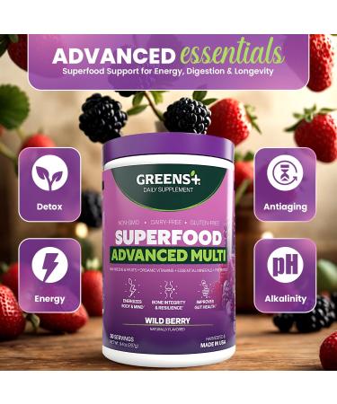 Greens+ Advanced Multi Wild Berry Superfood Powder Organic Blend Vegan Non-GMO Soy-Free Dairy-Free Gluten-Free Dietary Supplement with Vitamins & Minerals 9.4 oz - Buy Online on GoSupps.com