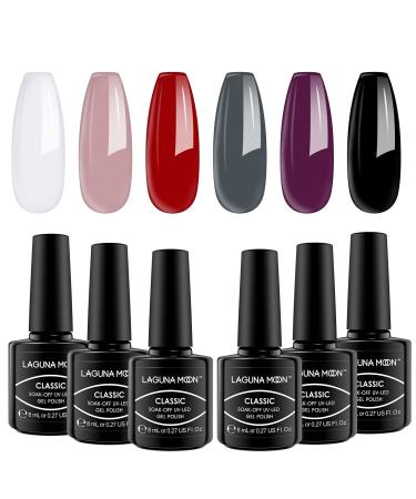 LagunaMoon Gel Nail Polish Set - 6 Colours Red Purple Grey Black White Pink Pigmented High-Shine Kit Gel Polish for Salon Quality DIY Nails - UV LED Soak Off Lacquer Kit Varnish Manicure & Pedicure All the Essentials | Salon-Grade Polish