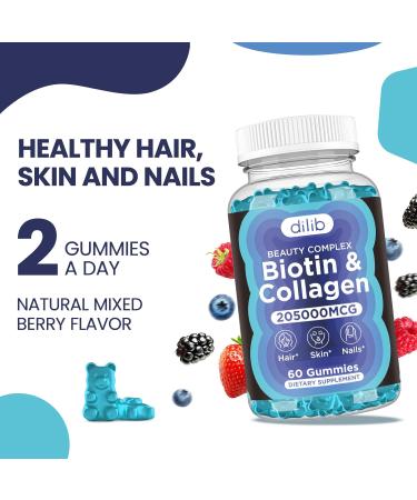 Dilib Biotin & Collagen Gummies with Keratin - Hair Growth Vitamins for Women & Men - Marine Collagen Peptides - Mixed Berry Flavor | 60 Gummies - Buy Online on GoSupps.com