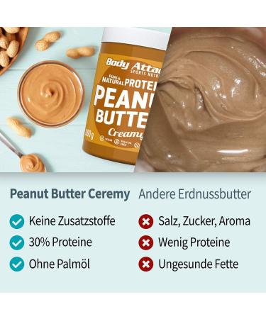 Body Attack Protein Peanut Butter 1kg - Creamy Vegan Natural Low Sugar 30% Protein No Salt & Palm Fat - Buy Online on GoSupps.com