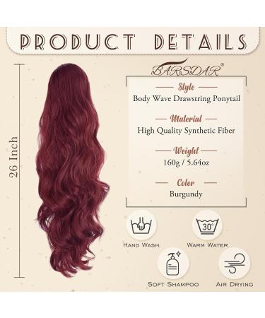 BARSDAR 65 cm Burgundy Wavy Ponytail Extension - Synthetic Hair for Women & Girls - Easy Clip-In Curls - Buy Online on GoSupps.com