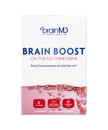BRAINMD Dr Amen Brain Boost On The Go - 10 Packets Berry Flavor - Nootropic Drink Powder Promotes Focus Clarity & Mental Energy - Caffeine Free Gluten Free - 10 Servings