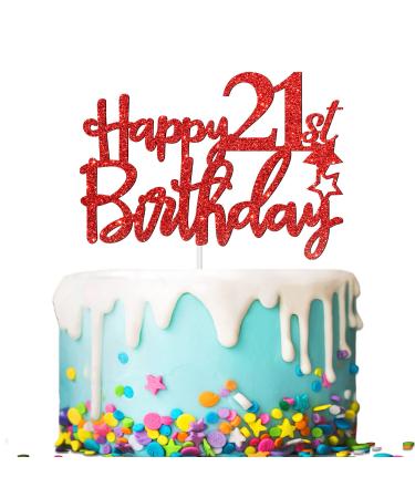 Tenhaisi Gilttery Red Happy 21st Birthday Cake Topper Cheers and Beers to 21 Years Loved Party Sign Fabulous 21 Birthday Party Supplies