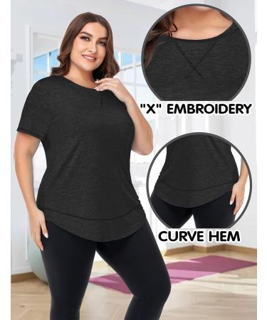 Cootry Plus Size Short Sleeve Workout Top for Women - Loose Fit Athletic Gym Shirt - Yoga Clothing - 2X Black - Buy Online on GoSupps.com