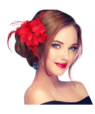 YAIKOAI Rose Flower Hair Clip Feather Floral Corsage Fascinator for Bridal Bridesmaid Girls Feather Fascinator Hair Band for Women Vintage Rose Red Hair Accessories for Christmas Wedding (Black)