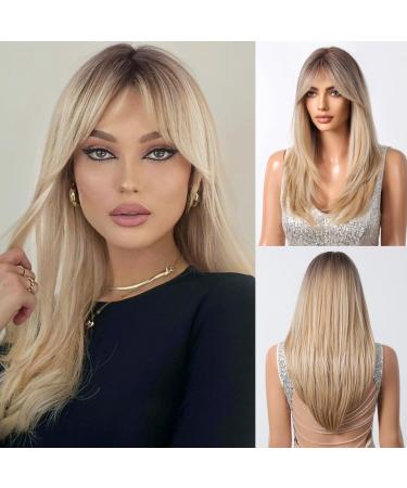 Allbell Ombre Blonde Wigs with Bangs Long Layers Syntehtic Wigs for Women Highlights Blonde Hair blond 259-1 - Buy Online on GoSupps.com