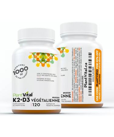 PlantVital High-Potency Vegan Vitamin D3 + K2 - (1000IU /25 mcg + 120 mcg) for Bones Teeth Good Health and Immune System - Patented MK7 Form - K2 D3 vitamin - 4 Months Supply - 120 Capsules. 120 count (Pack of 1) - Buy Online on GoSupps.com