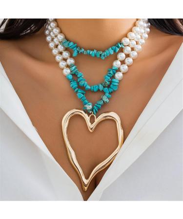 Oralgo Heart-Shaped Collarbone Necklace | Retro Pearl Choker for Women | Adjustable Turquoise Fashion Accessories - Buy Online on GoSupps.com