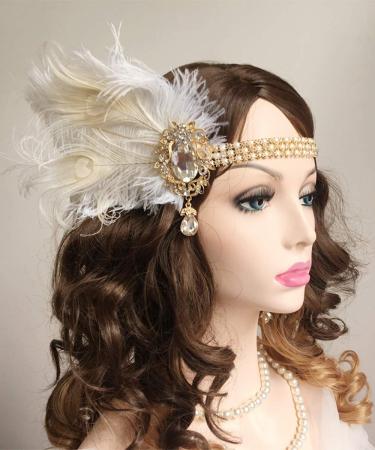 Chmier 1920s Flapper Feather Headband with Crystal Pearl Chain - White Feather Roaring 20s Headpiece for Prom, Party, Festival - Gatsby Hair Jewelry for Women - Buy Online on GoSupps.com