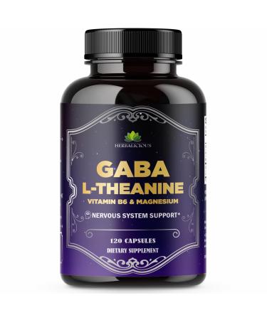 HERBALICIOUS GABA L-Theanine with Magnesium Calm & Focus Support Stress Relief Relaxation + Mood Balance Brain & Memory Support Supplement Vitamin B6 + B12 Complex 120 Capsules