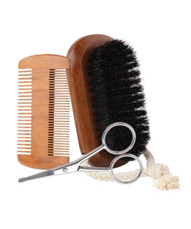 Nivaobi 3 Pcs Beard Brush Beard Comb Kit with Double-Sided Sandalwood Beard Comb for Men Mustache Stainless Steel Trimming Scissors Natural Boar Bristle Brush Anti Static for Men Grooming