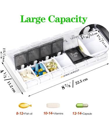 Large Weekly Pill Organizer for Travel, 2 Times a Day Medication, Vitamins, Fish Oil - Easy Push Button Design - Black & White - Buy Online on GoSupps.com