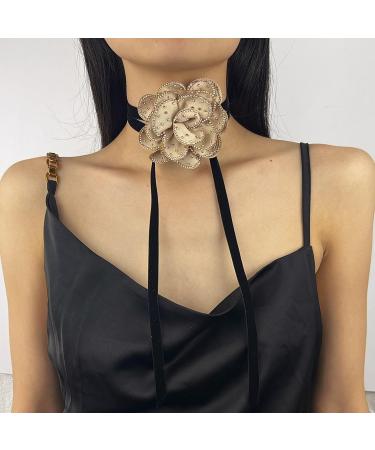 Southjieling Crystal Strass Flower Choker Necklace | Vintage Camelia Flower Lace-Up Chain for Women & Girls | Khaki Wide Cord Jewelry - Buy Online on GoSupps.com