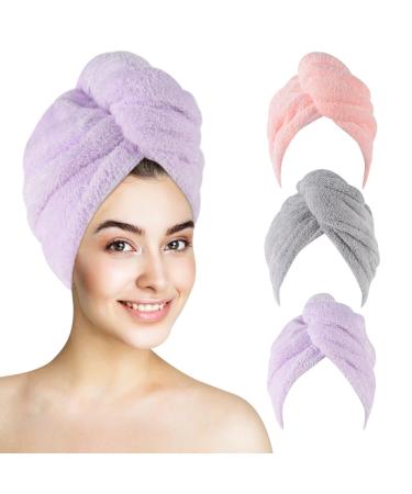Kinhwa turban towel with button bamboo microfiber hair turban for the hair carbon fiber hair towel quick -drying super absorbent and soft for long hair and all hair types 25x65cm 3 pieces gray+pink+purple 25 x 65 cm - Buy Online on GoSupps.com