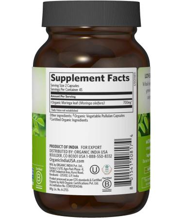 Organic India Moringa Capsules - Vegan Superfood, USDA Organic, Nutrient Dense, 90 Capsules - Buy Online on GoSupps.com