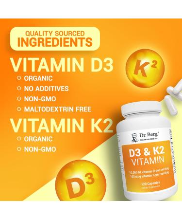 Dr. Berg's Vitamin D3 K2 Supplement with MCT Oil - 10,000 IU D3, 100mcg MK7 K2, Bile Salts, Zinc & Magnesium - 120 Capsules - Buy Online on GoSupps.com