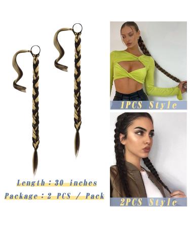 BARSDAR 76cm Long Braided Ponytail Extensions - 2PCs Rubber Straight Hair Extensions for Women | DIY Natural Soft Synthetic Hair in Blond & Medium Brown - Buy Online on GoSupps.com