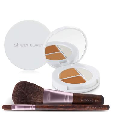 Sheer Cover   Flawless Face Kit   Perfect Shade Mineral Foundation   Conceal & Brighten Highlight Trio   with FREE Foundation Brush and Concealer Brush   Dark Shade   4 Pieces