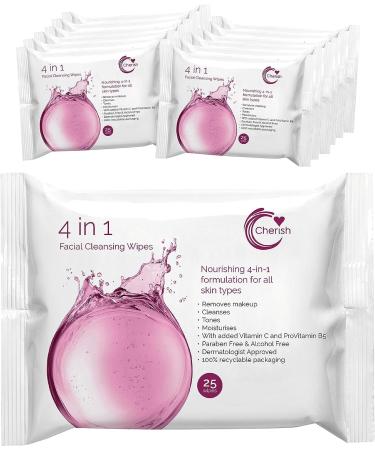 Cherish 4 in 1 Facial Cleansing Wipes Make Up Removal with Vitamin C for Brighter Skin (12 packs x 25 wipes totaling 300 wipes)