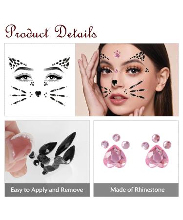 Cat Face Gems & Rhinestones for Women & Kids | Stick-On Whiskers & Body Gems | Perfect for Rave & Halloween Makeup - 4 Sheets - Buy Online on GoSupps.com