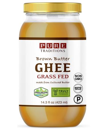 Grass-Fed Cultured Brown Butter Ghee, Certified Paleo, Keto Certified, Truly Grass Fed Certified, Casein and Lactose Free (14.3 oz) Glass Jar 16 Fl Oz (Pack of 1)