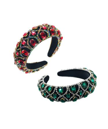 Forsylvanas Jewelry Crystal Rhinestone Headband for Women 2 Pcs Padded Retro Jeweled Hairband Handmade Black Velvet Liner Hair Hoop for Girls Wedding Parties Hair Accessories (Red+Green)