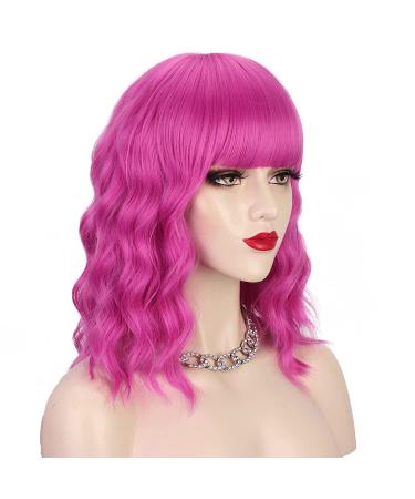 AISI BEAUTY Hot Pink Bob Wavy Wig with Bangs - 14 Inch Synthetic Hair Colorful Wig for Women - Perfect for Halloween Costume & Cosplay - Buy Online on GoSupps.com