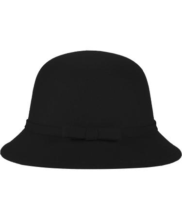 Women's Vintage Black Felt Bucket Hat with Adjustable Bowknot - Suede Wool Bowler Style - Buy Online on GoSupps.com