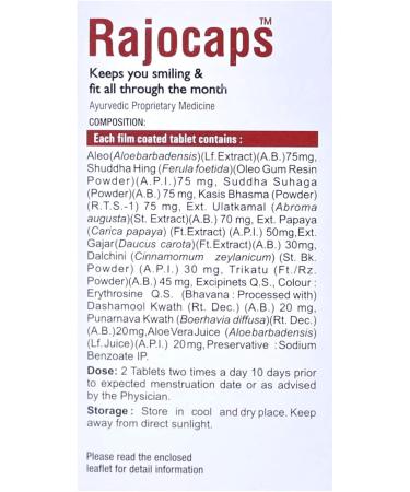Virgo Rajocap Tablets (A Product by Unjha Ayurvedic Pharmacy - Virgo UAP) - With Goodness of Aloe Vera Juice Shudhdha Hing Shudhdha Suhaga Kasis Bhasma Dalchini Dashamool Kwath Punarnava Kwath - Buy Online on GoSupps.com