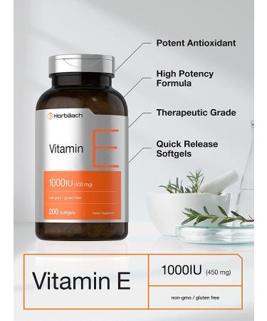 Horbaach Vitamin E 1000 IU Softgel Capsules 200 Count - Non-GMO, Gluten Free & Preservative Free | Vitamin E Oil - Buy Online on GoSupps.com