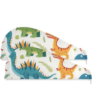 Cartoon Colorful Dinosaurs Hair Towel 2 Pack - Super Absorbent Quick Dry Hair Turbans for Women & Girls - Buy Online on GoSupps.com
