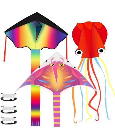 3 Pack Large Kites-Delta Devil Fish Jellyfish Octopus with Long Tail Kites for Kids & Adults Easy to Fly and Assemble, with 3  330 Ft High Strength String Rainbow Delta+Orange Devil Fish+Red Octopus